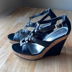 White House Black Market  Strappy Wedge Heels Size 7 1/2 Black and Cork